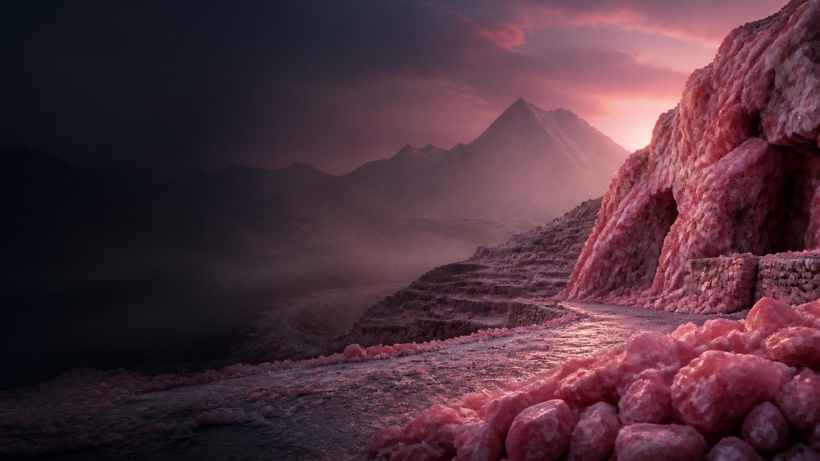 Himalayan salt quarry at dusk